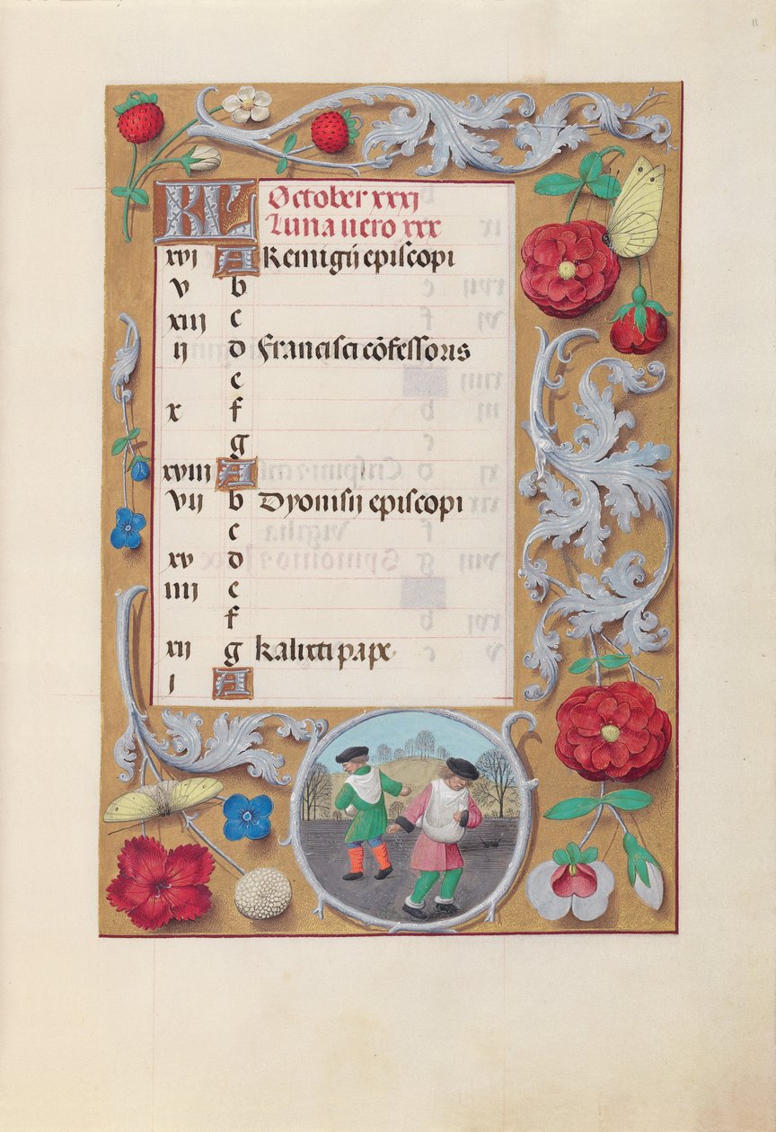 Hours of Dronning Isabella den Katolik, Dronning af Spanien: Fol. 11r, oktober, ca. 1500. af Master of the First Prayerbook of Maximillian