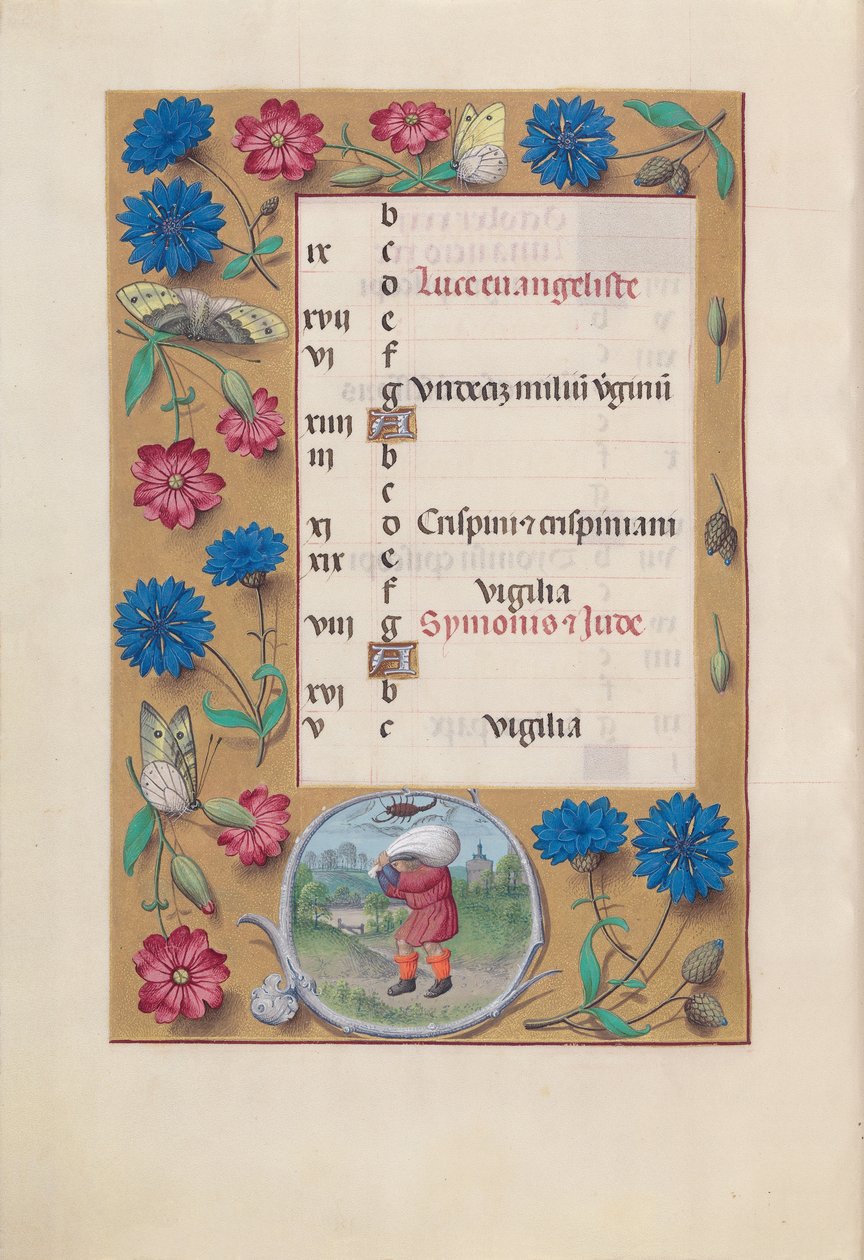 Hours of Dronning Isabella den Katolik, Dronning af Spanien: Fol. 11v, oktober, ca. 1500. af Master of the First Prayerbook of Maximillian