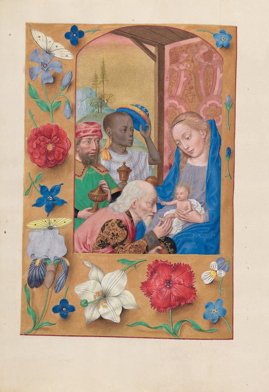 Dronning Isabella den katolske, dronning af Spaniens åbningstider: Fol. 136v, Tilbedelse af Magi, ca. 1500. af Master of the First Prayerbook of Maximillian