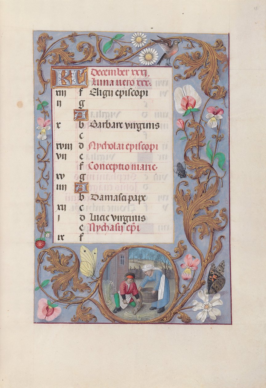 Dronning Isabella den Katolskes timer, dronning af Spanien:  Fol. 13r, december af Master of the First Prayerbook of Maximillian
