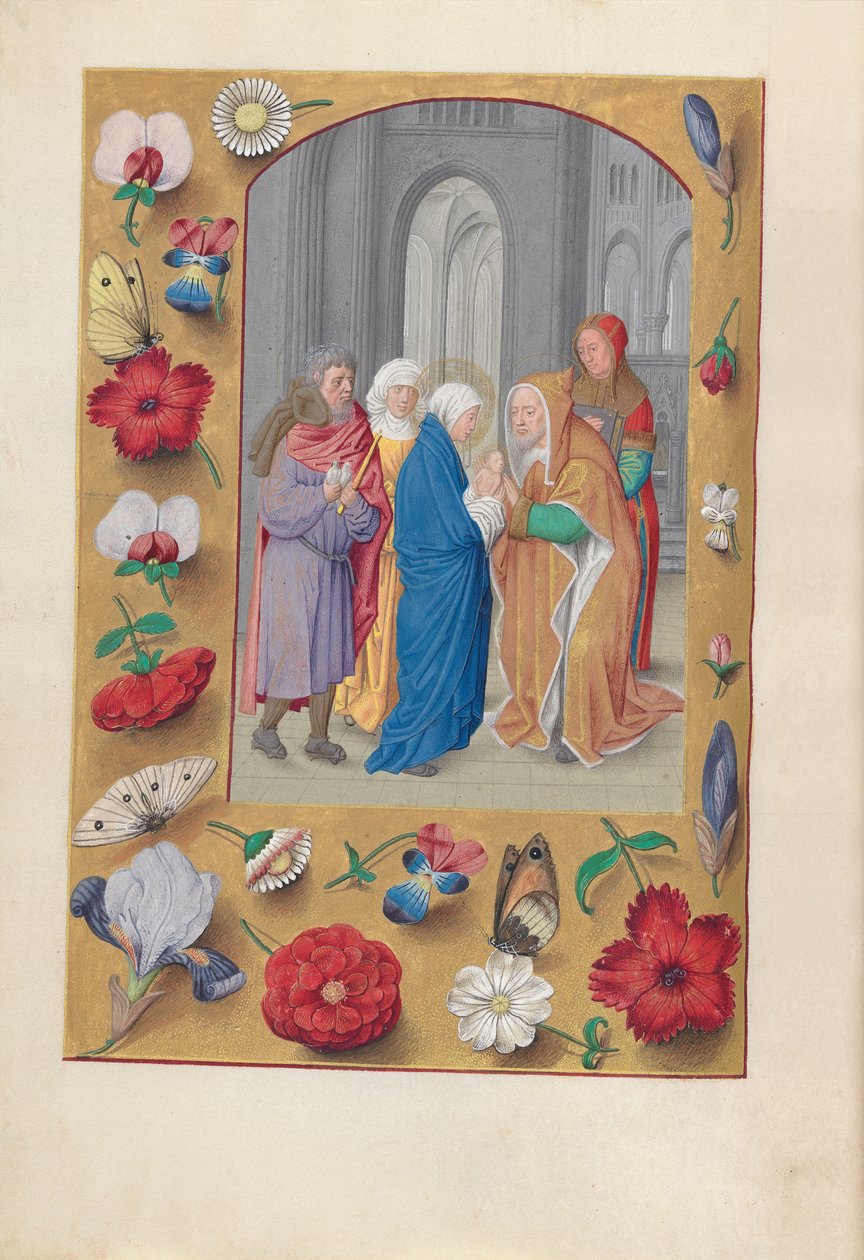 Dronning Isabella den katolske, dronning af Spaniens åbningstider: Fol. 141v, Præsentation i templet, c1500. af Master of the First Prayerbook of Maximillian