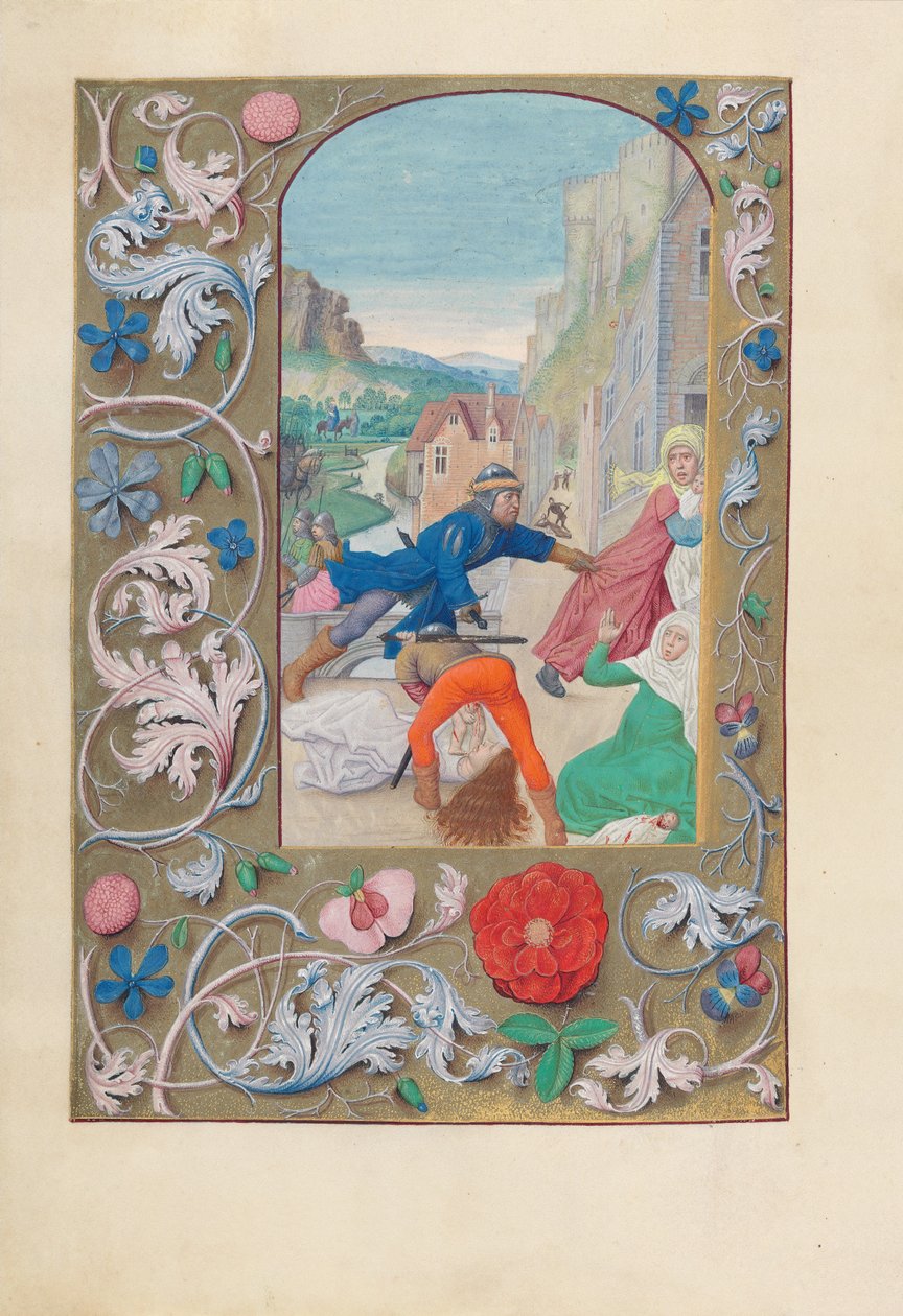 Dronning Isabella den Katolskes timer, dronning af Spanien:  Fol. 146v, Massakren på de uskyldige og flugten til Egypten af Master of the First Prayerbook of Maximillian