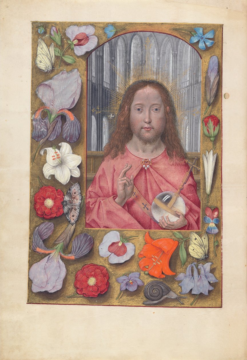 Dronning Isabella den katolske, dronning af Spaniens åbningstider: Fol. 14v, Salvator Mundi, ca. 1500. af Master of the First Prayerbook of Maximillian