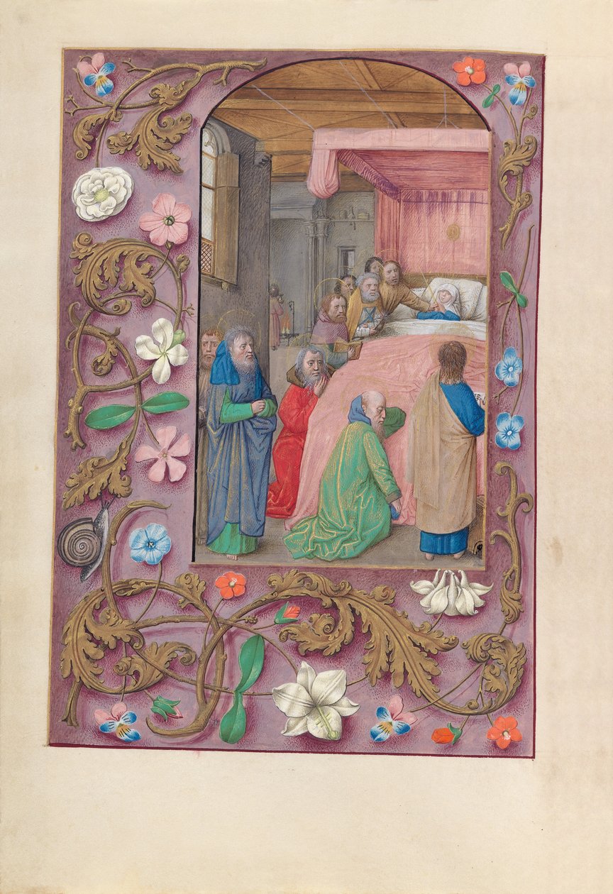 Dronning Isabella den katolske, dronning af Spaniens åbningstider: Fol. 154v, Jomfruens død, ca. 1500. af Master of the First Prayerbook of Maximillian