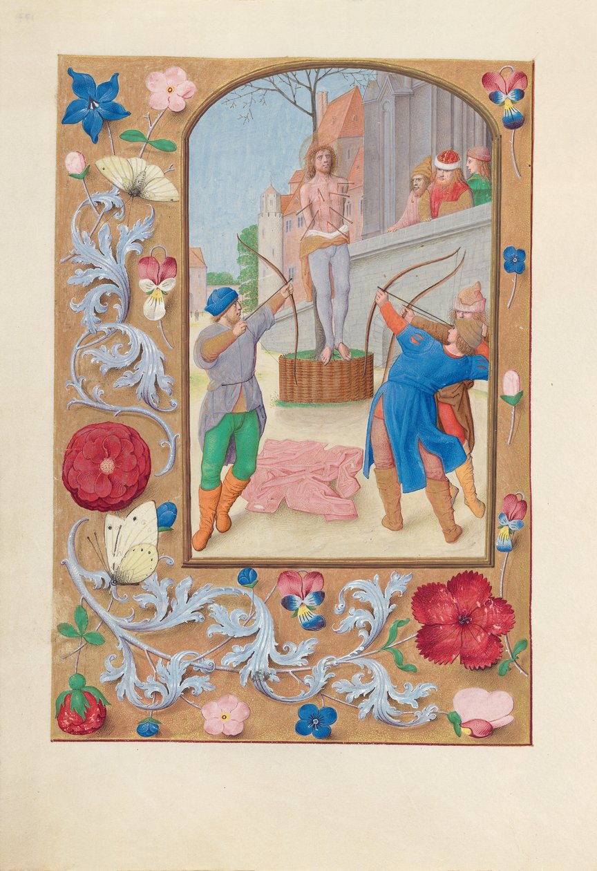 Dronning Isabella den katolske, dronning af Spaniens åbningstider: Fol. 177v, Sankt Sebastian, ca. 1500. af Master of the First Prayerbook of Maximillian