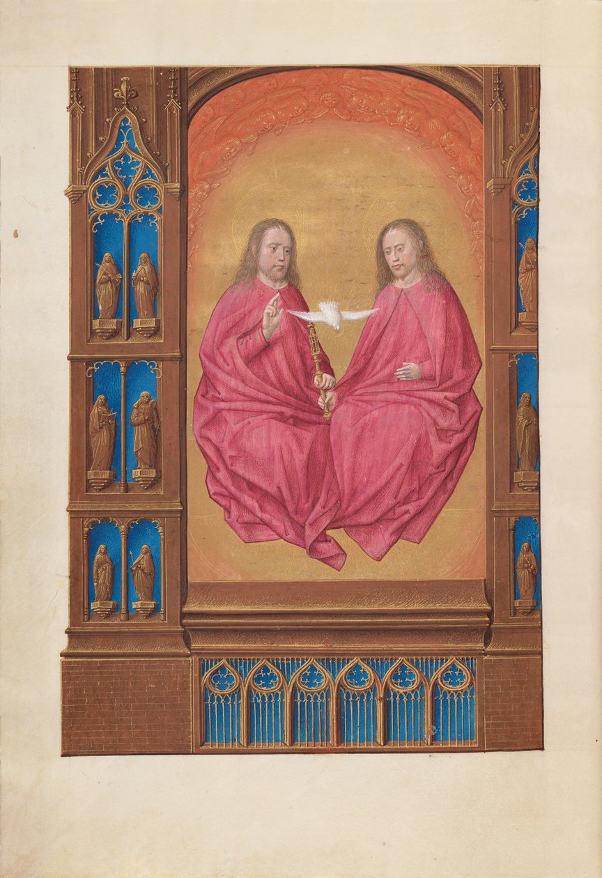 Dronning Isabella den katolske, dronning af Spaniens åbningstider: Fol. 17v, Treenigheden, ca. 1500. af Master of the First Prayerbook of Maximillian