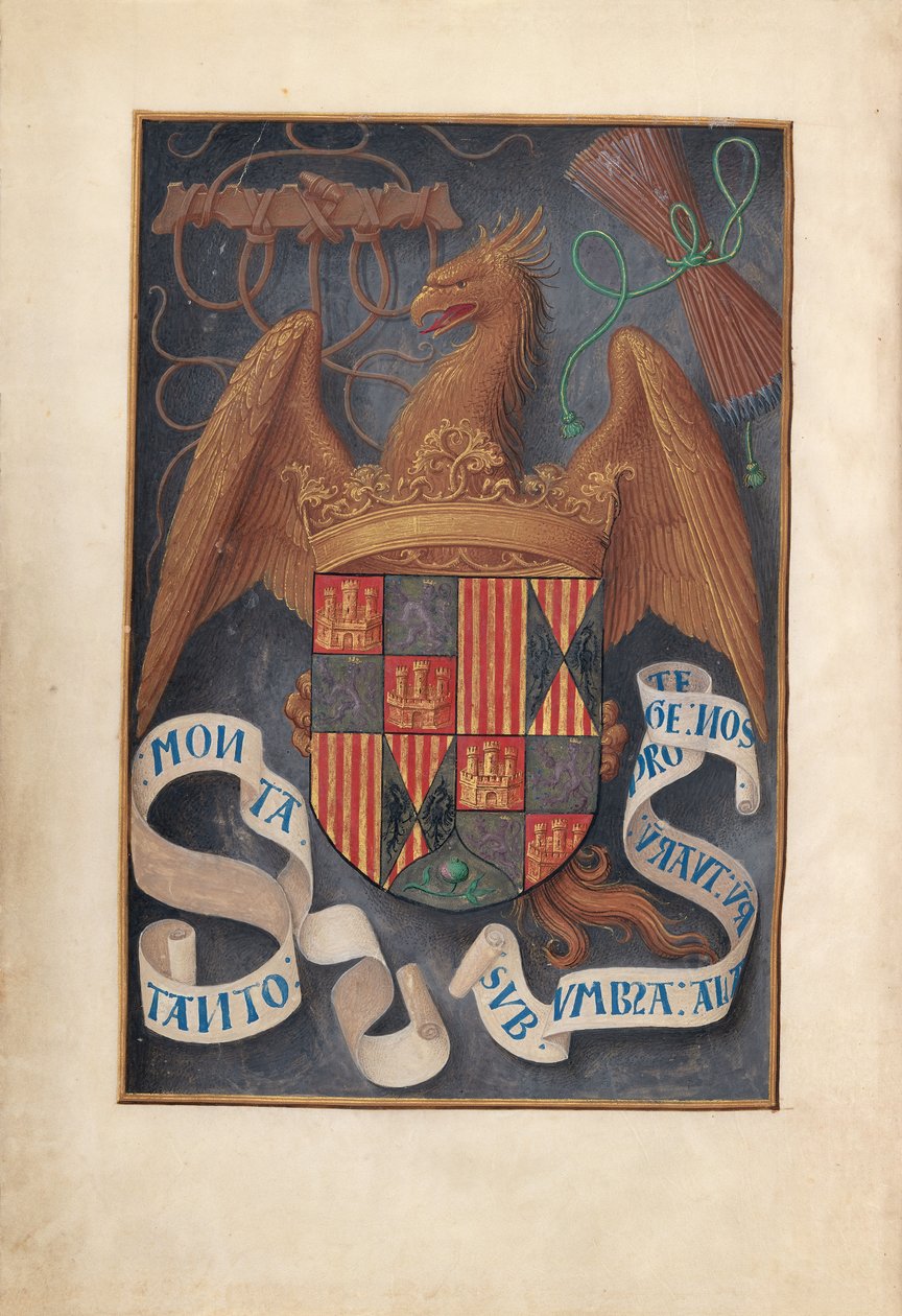 Dronning Isabella den katolske, dronning af Spaniens åbningstider: Fol. 1v, Arme og mottoer af Isabel..., c1500. af Master of the First Prayerbook of Maximillian