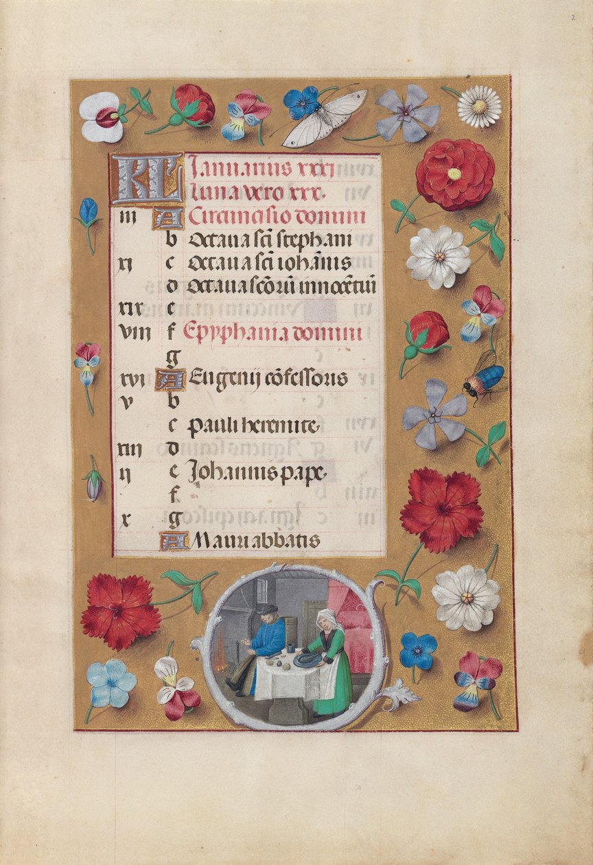 Dronning Isabella den Katolskes timer, dronning af Spanien:  Fol. 2r, Januar - Fest af Master of the First Prayerbook of Maximillian