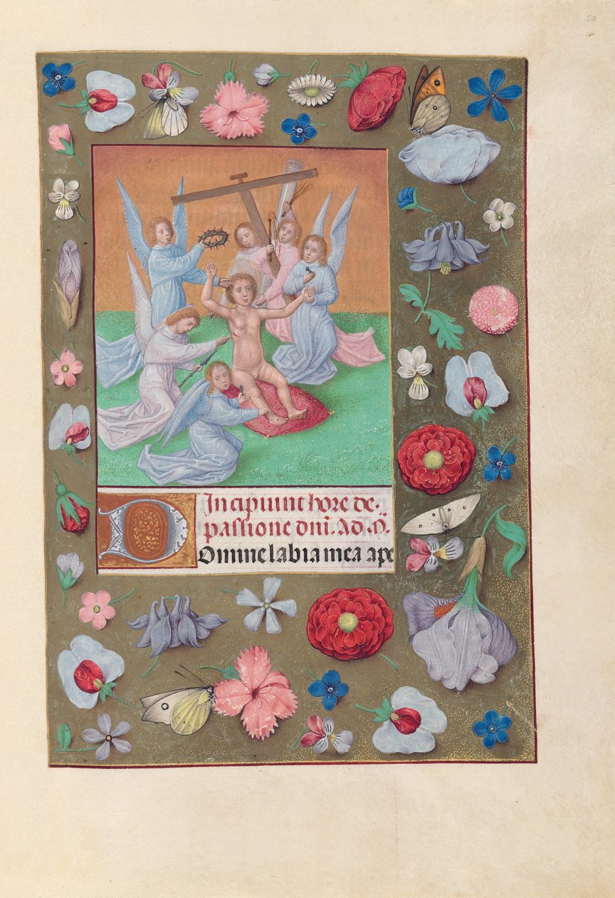 Dronning Isabella den Katolskes timer, dronning af Spanien:  Fol. 50r, Kristusbarnet med lidelsesredskaber af Master of the First Prayerbook of Maximillian