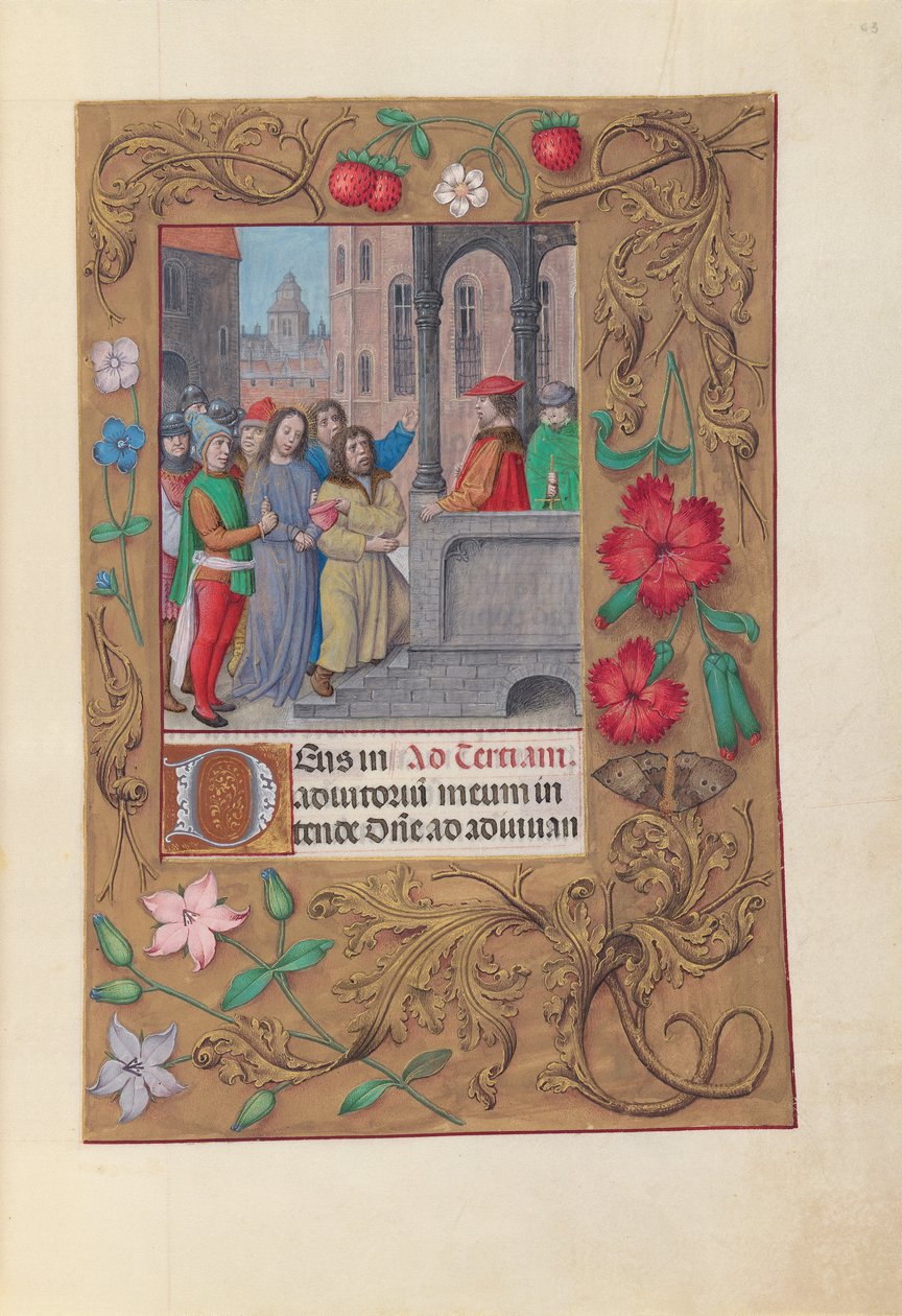 Hours of Dronning Isabella den Katolik, Dronning af Spanien: Fol. 63r, Kristus før Pilatus, ca. 1500. af Master of the First Prayerbook of Maximillian