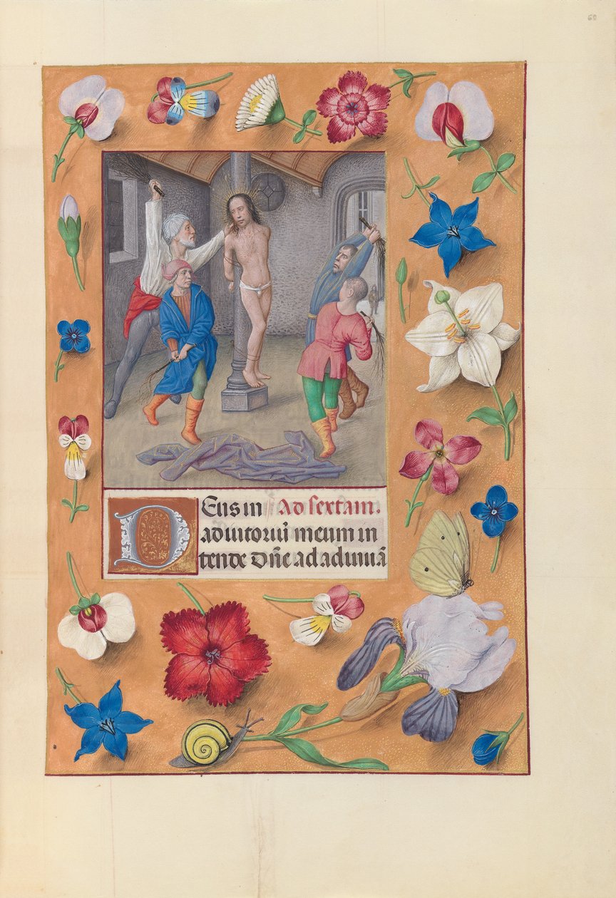 Hours of Dronning Isabella den Katolik, Dronning af Spanien: Fol. 66r, Flagelering, ca. 1500. af Master of the First Prayerbook of Maximillian