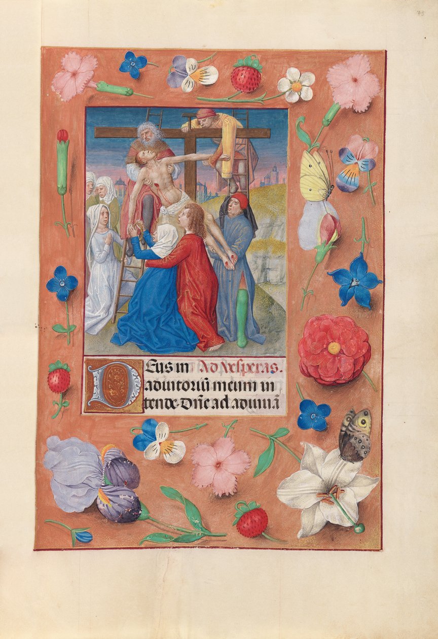 Hours of Dronning Isabella den Katolik, Dronning af Spanien: Fol. 73r, Nedstigning fra korset, ca. 1500. af Master of the First Prayerbook of Maximillian