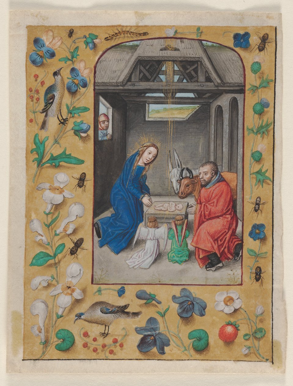 Blad udskåret fra en tidebog: The Nativity, ca. 1480 (blæk, tempera og flydende guld på pergament) af Master of the First Prayerbook of Maximillian