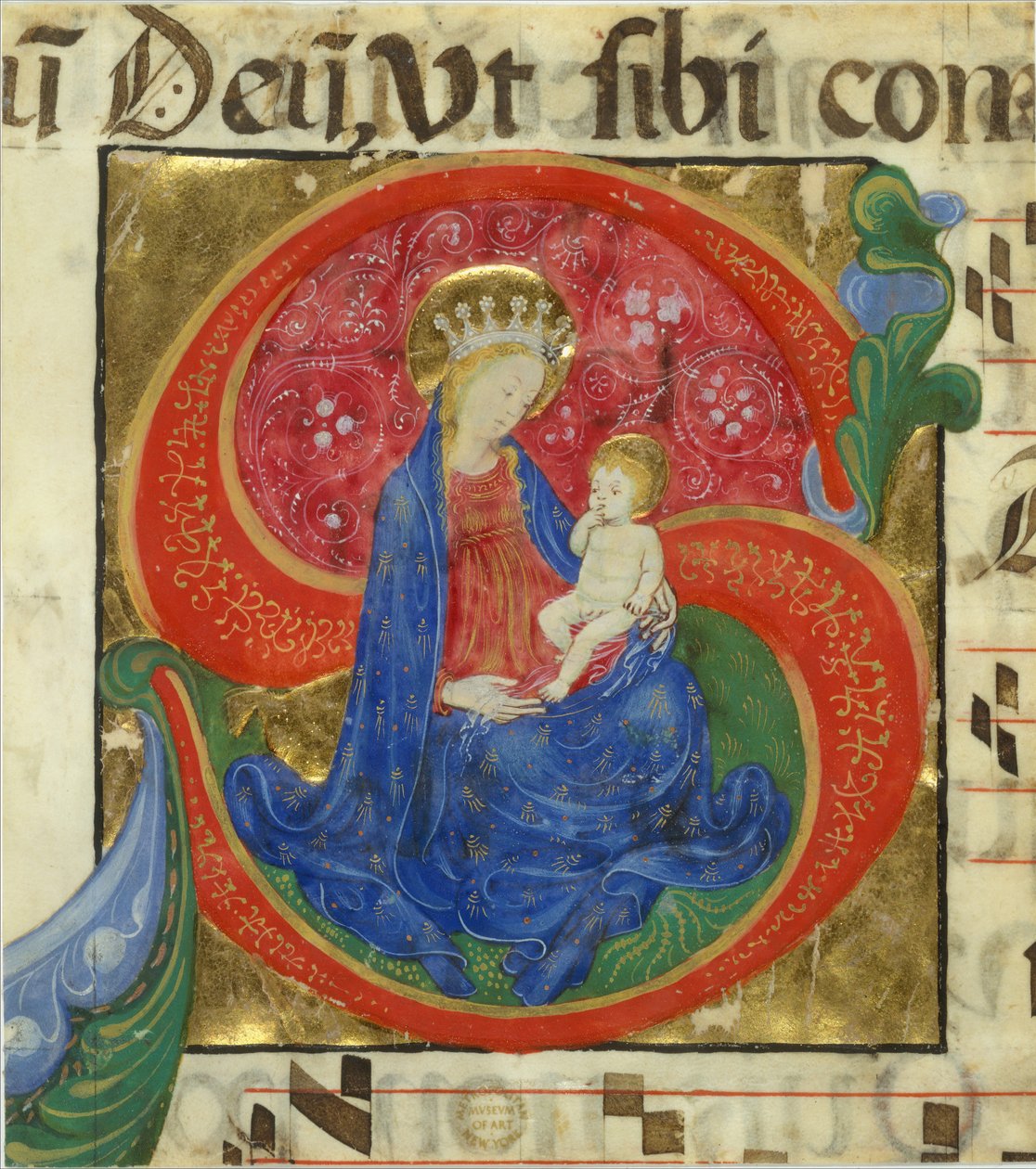 Manuskriptbelysning med jomfruen og barnet i et indledende S, fra en antifonar, midten af 1400-tallet af Master of the Franciscan Breviary