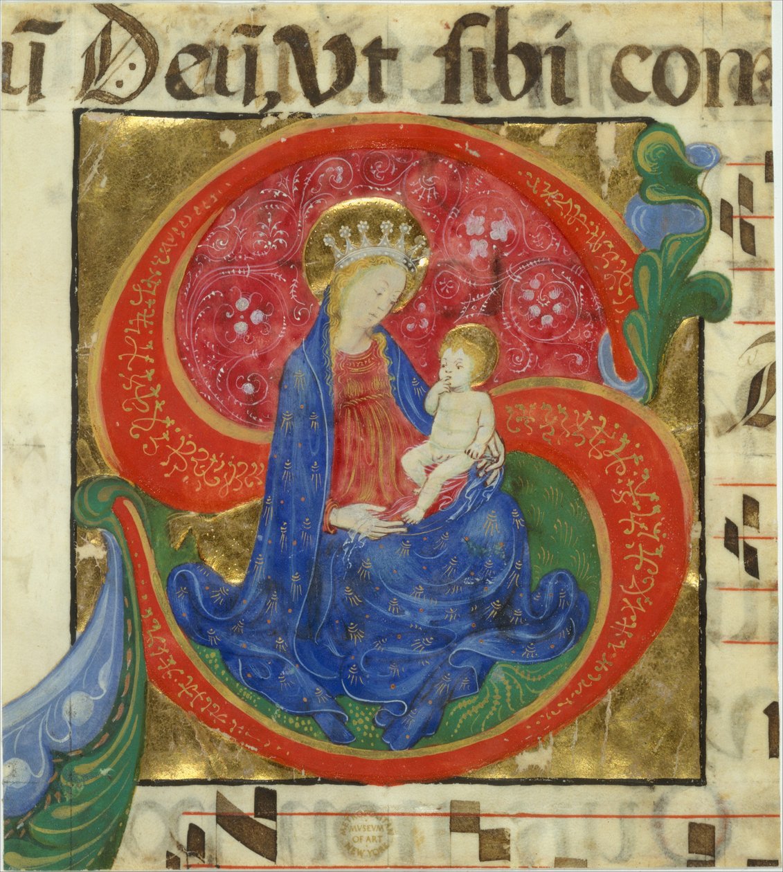 Manuskriptbelysning med jomfruen og barnet i en indledende S..., midten af 1400-tallet. af Master of the Franciscan Breviary