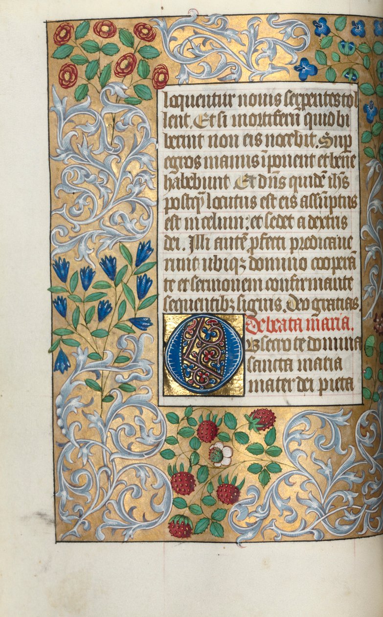 Tidebog (brug af Rouen): bl. 18v, Bønner til Jomfru Maria, stort initialt O med udførlig kant af Master of the Geneva Latini