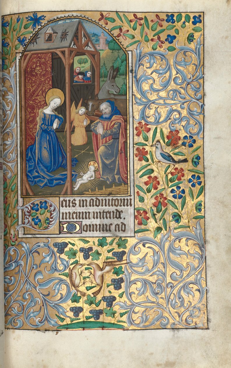 Tidebog (brug af Rouen): bl. 56r, Tilbedelse med hyrder/Nativitet af Master of the Geneva Latini