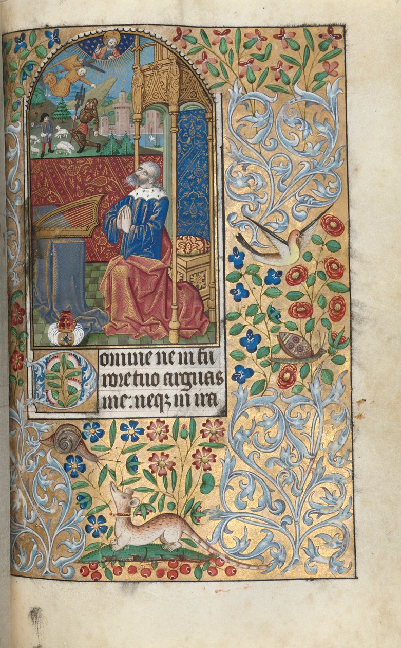 Timebog Brug af Rouen: fol. 80r, David Penitent, in the Distance David Slaying Goliath, c1470 af Master of the Geneva Latini