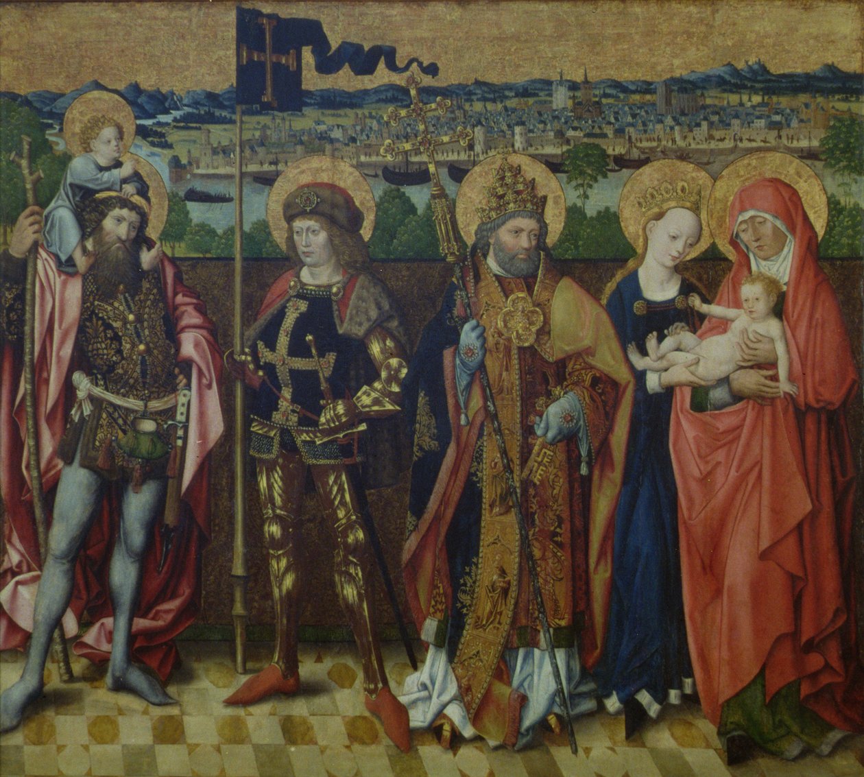 St. Anne, Jomfruen og Barnet, St. Christopher, St. Gereon og St. Peter i et landskab, der viser Köln og de syv høje, ca. 1460-80 (eg) af Master of the Glorification of Mary