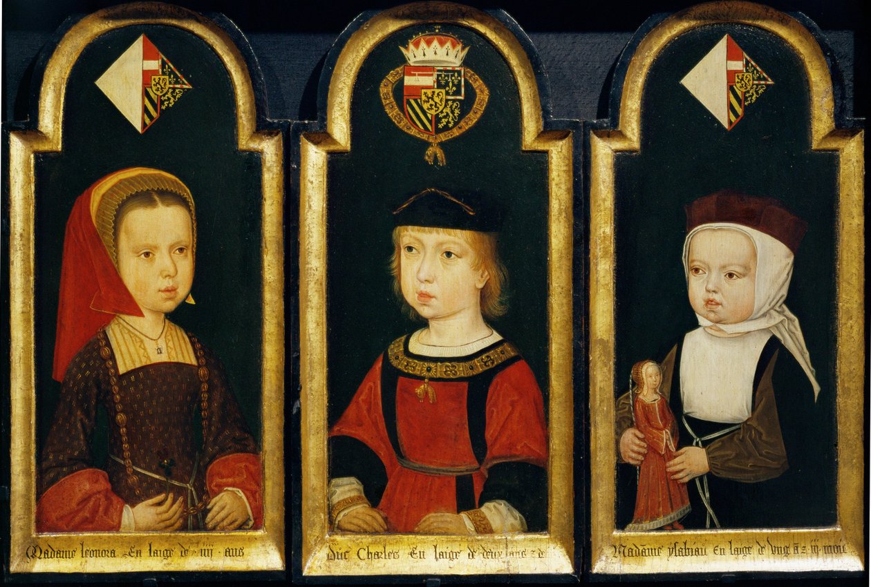Kejser Karl V, 2 år gammel, og hans to søstre Eleonore og Isabella af Master of the Guild of Saint George