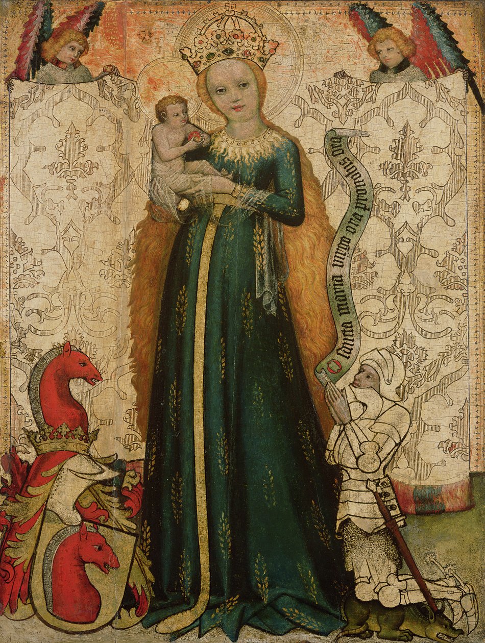 Madonna og barn med korn, 1440-50 af Master of the Hallein Altarpiece