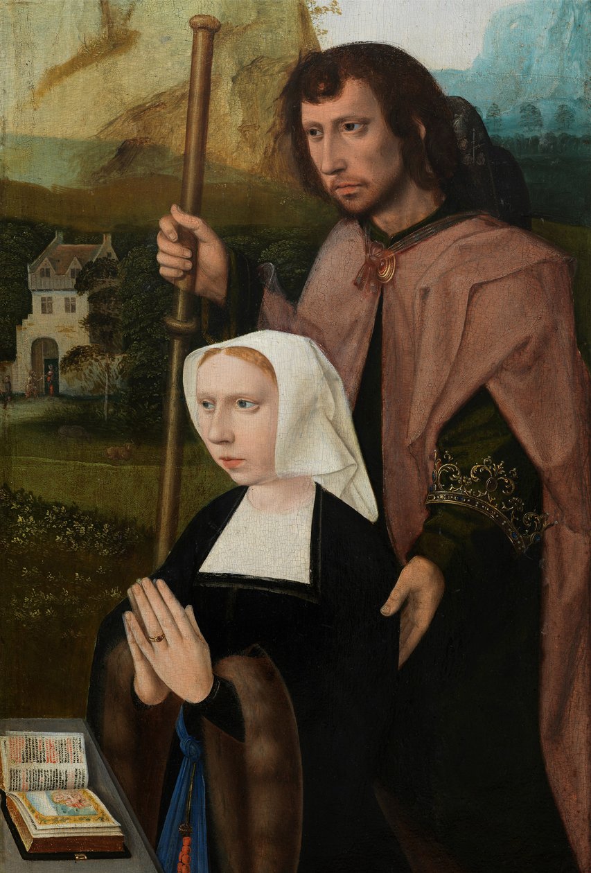 Detalje af donoren, højre panel af Jomfruens og Barnets Triptykon med de hellige Catherine og Barbara (olie på panel) af Master of the Holy Blood