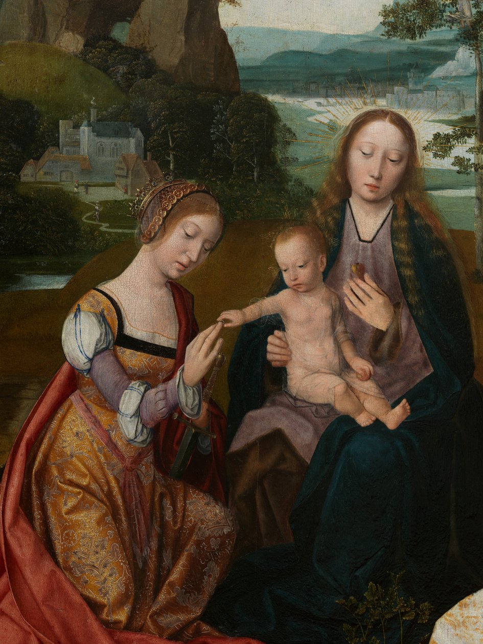 Detalje af det centrale panel af Jomfruen og Barnet med St. Catherine og St. Barbara, ca. 1520-25 (olie på panel) af Master of the Holy Blood