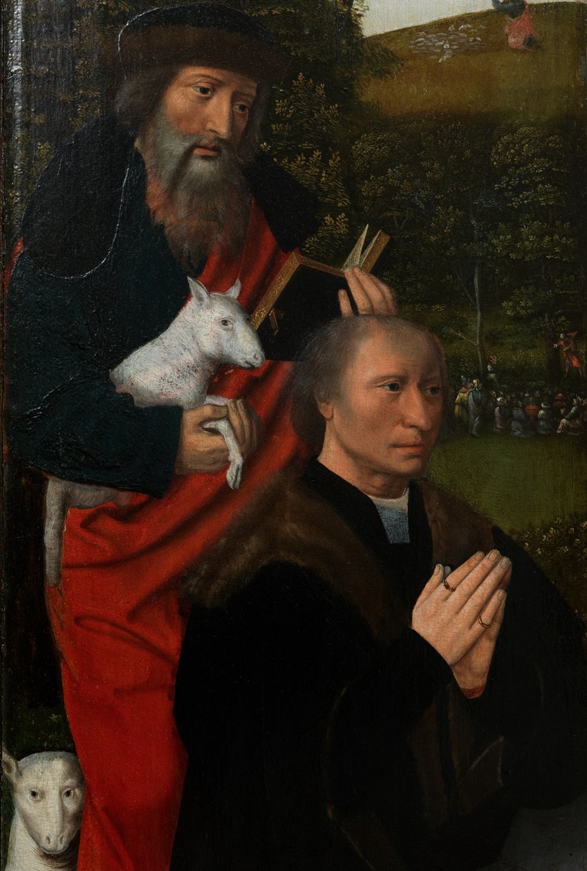 Detalje af venstre panel af Jomfruen og Barnet med St. Catherine og St. Barbara, ca. 1520-25 (olie på panel) af Master of the Holy Blood