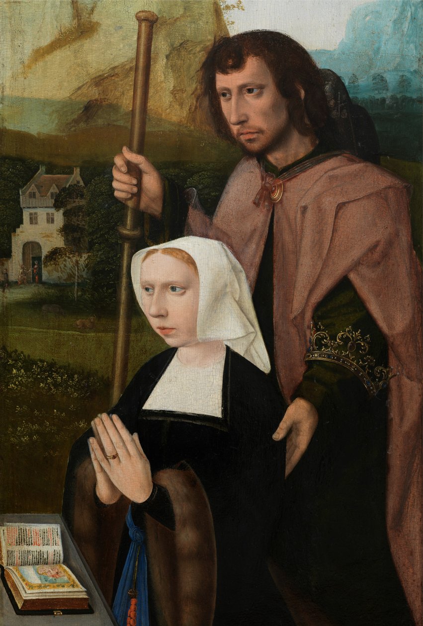 Detalje af højre panel af Jomfru og Barn med St. Catherine og St. Barbara, ca. 1520-25 (olie på panel) af Master of the Holy Blood