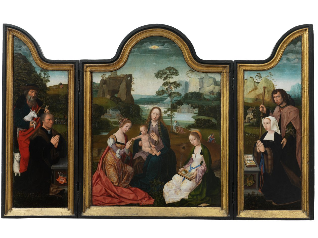 Jomfru og barn med St. Catherine og St. Barbara, ca. 1520-25 (olie på panel) af Master of the Holy Blood