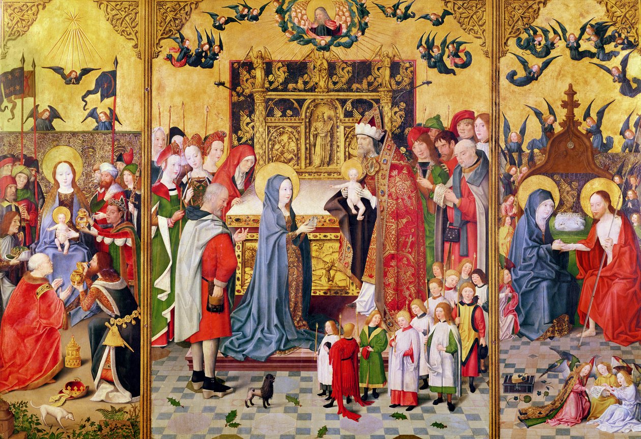 Altertavle over Jomfruens syv glæder, der viser tilbedelsen af vismændene, præsentationen i templet og Kristus, der viser sig for Maria, ca. 1480 af Master of the Holy Family