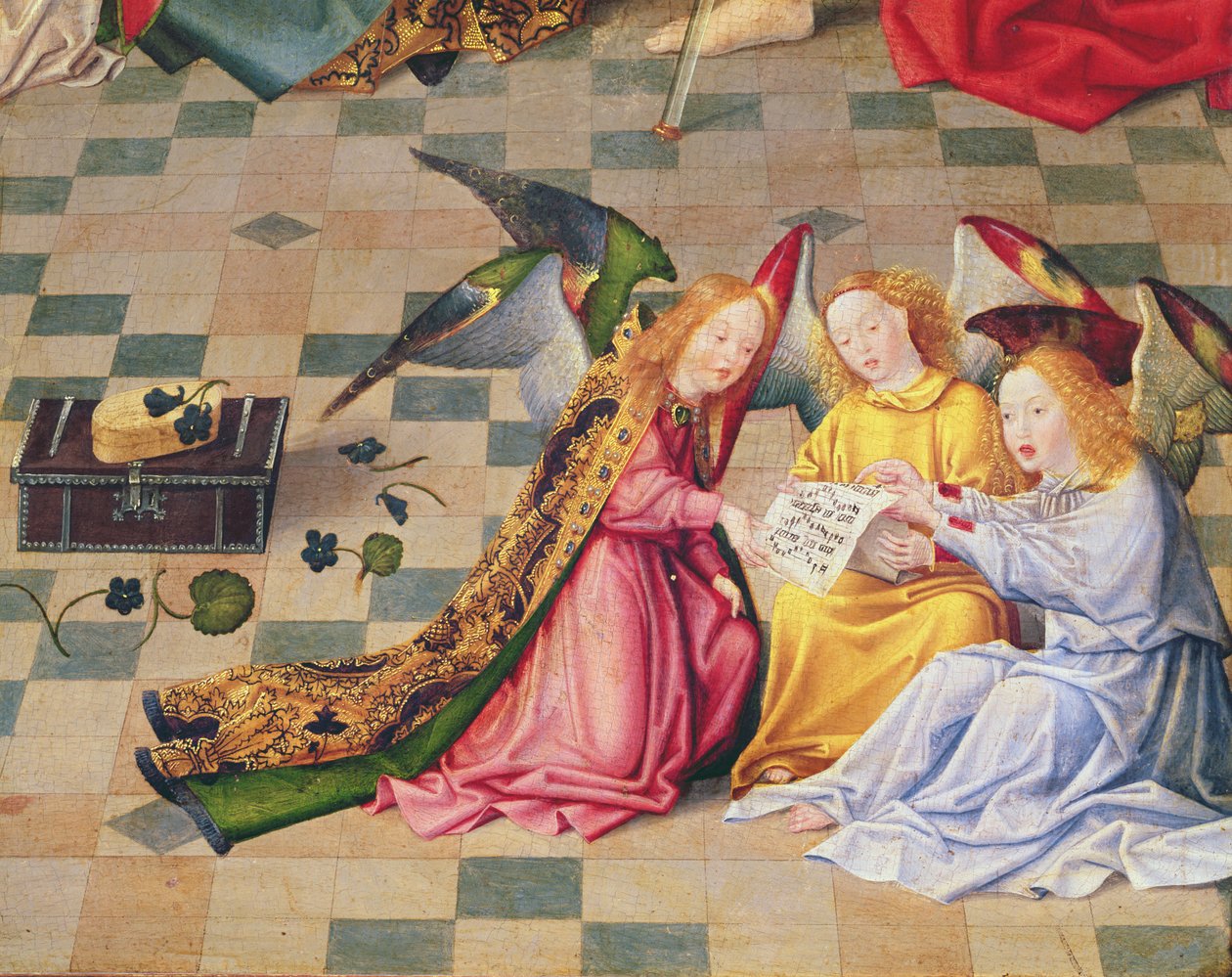 Englemusikere fra højre panel af altertavlen til Jomfruens syv glæder, ca. 1480 (olie på træ) (detalje af 215399) af Master of the Holy Family