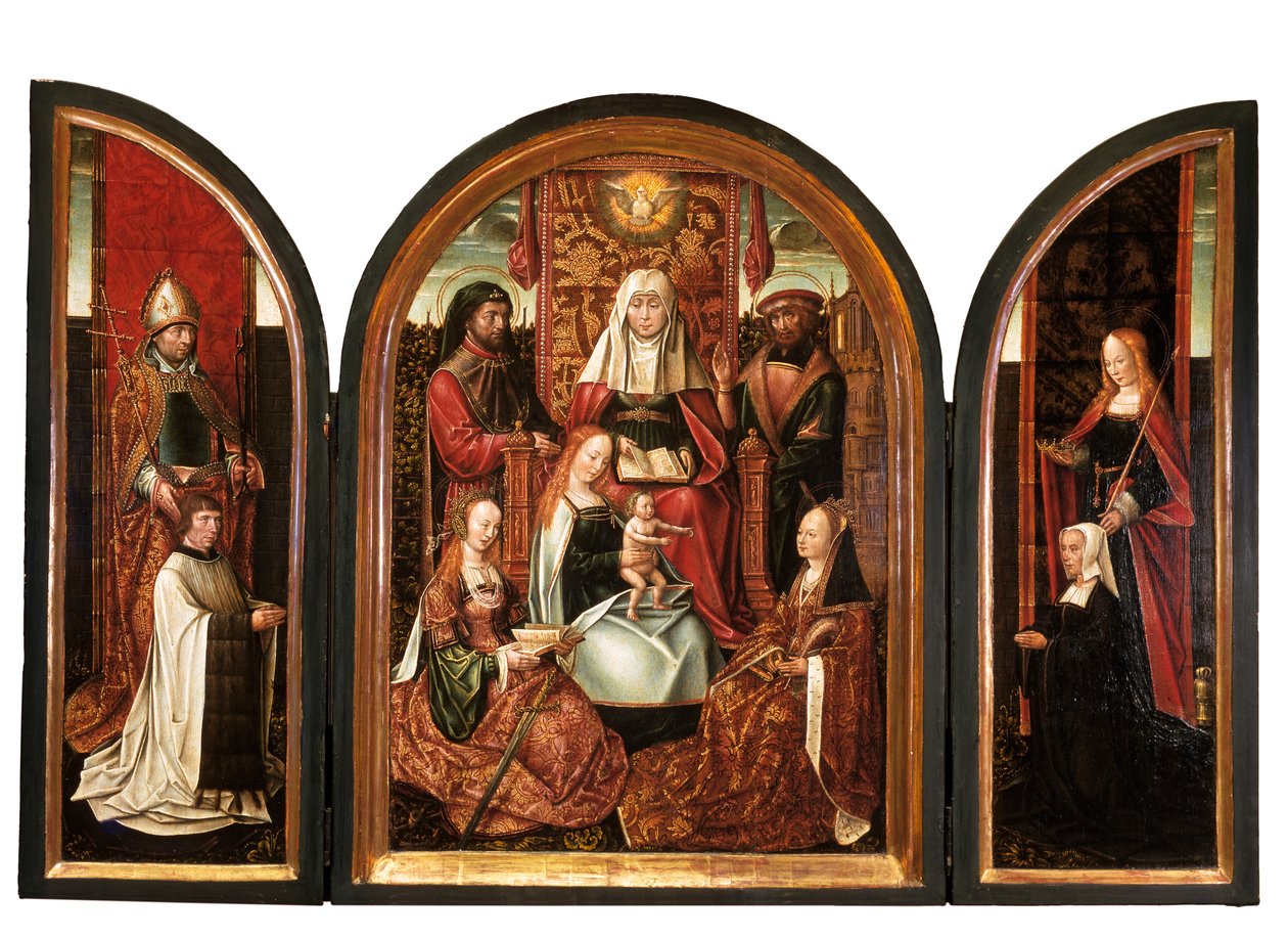 En kanon med St. Livinus (venstre fløj), The Family of St. Anne (midterste panel), donor med St. Elizabeth (højre fløj), The Annunciation (lukket) c.1500-10 (olie på panel) af Master of the Holy Family of St. Anne