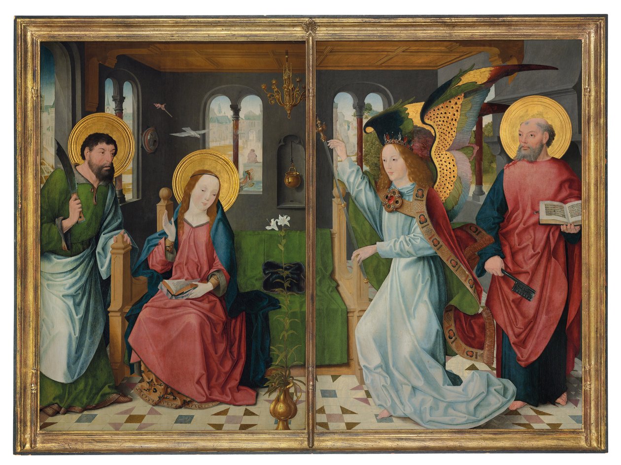 Bebudelsen, med de hellige Bartholomew og Peter, to vinger fra en altertavle af Master of the Holy Kinship