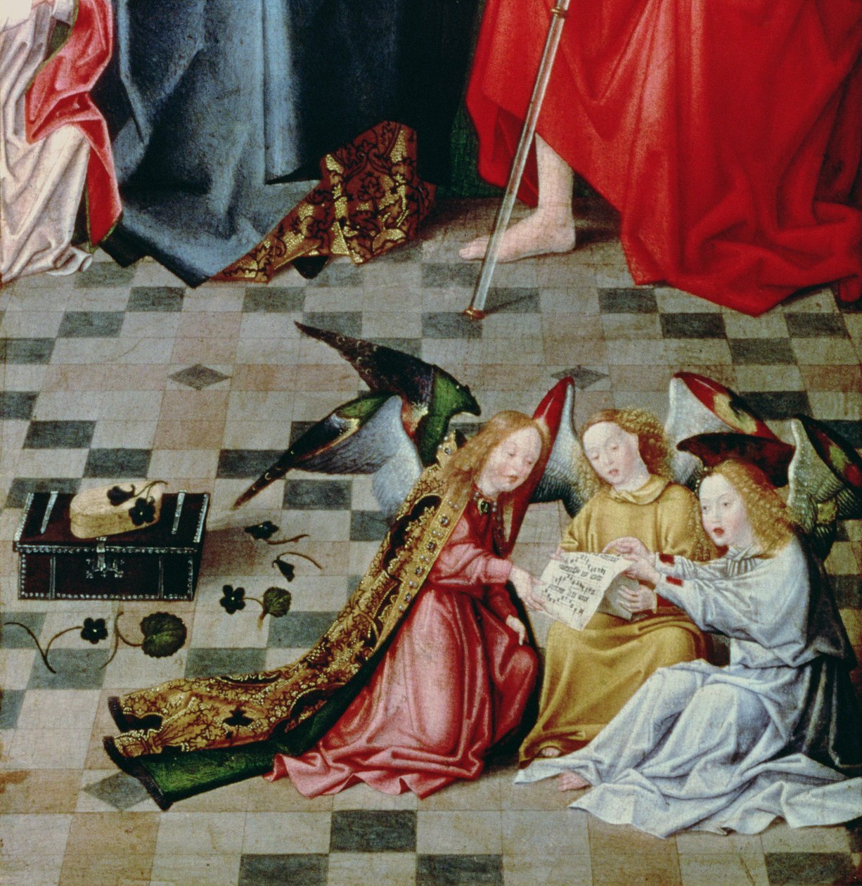 The Seven Joys of the Virgin Altertavle: detalje af tre syngende engle, ca. 1480 (panel) (detaljer fra 5896) af Master of the Holy Parent