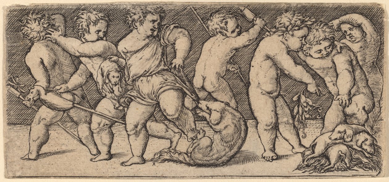 Børn leger med en tæve og tre unge hunde af Master of the Horse Heads