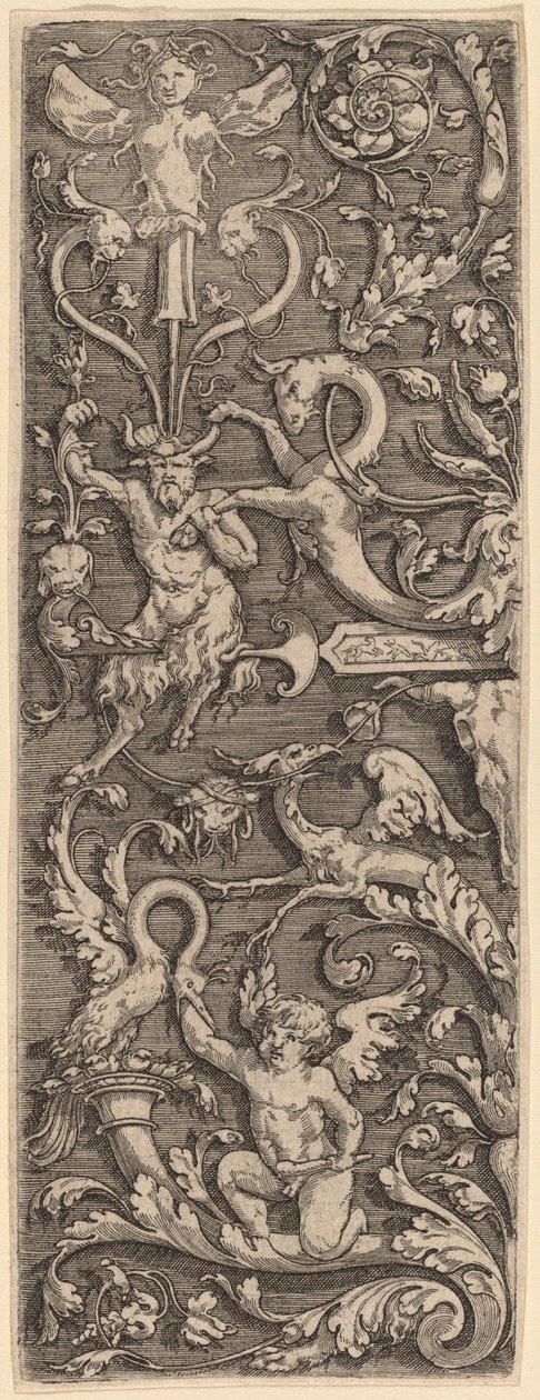 Ornament med en Amor, en Satyr og Groteske Figurer af Master of the Horse Heads