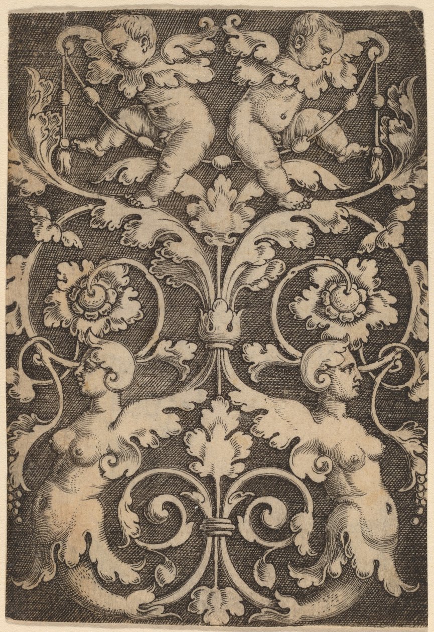 Opretstående ornament med to sirener af Master of the Horse Heads