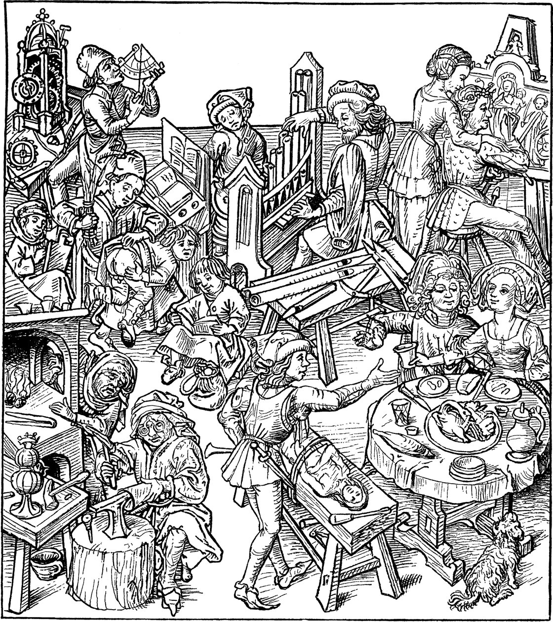 Merkur og hans børn. Illustration fra Husbogen, 1480