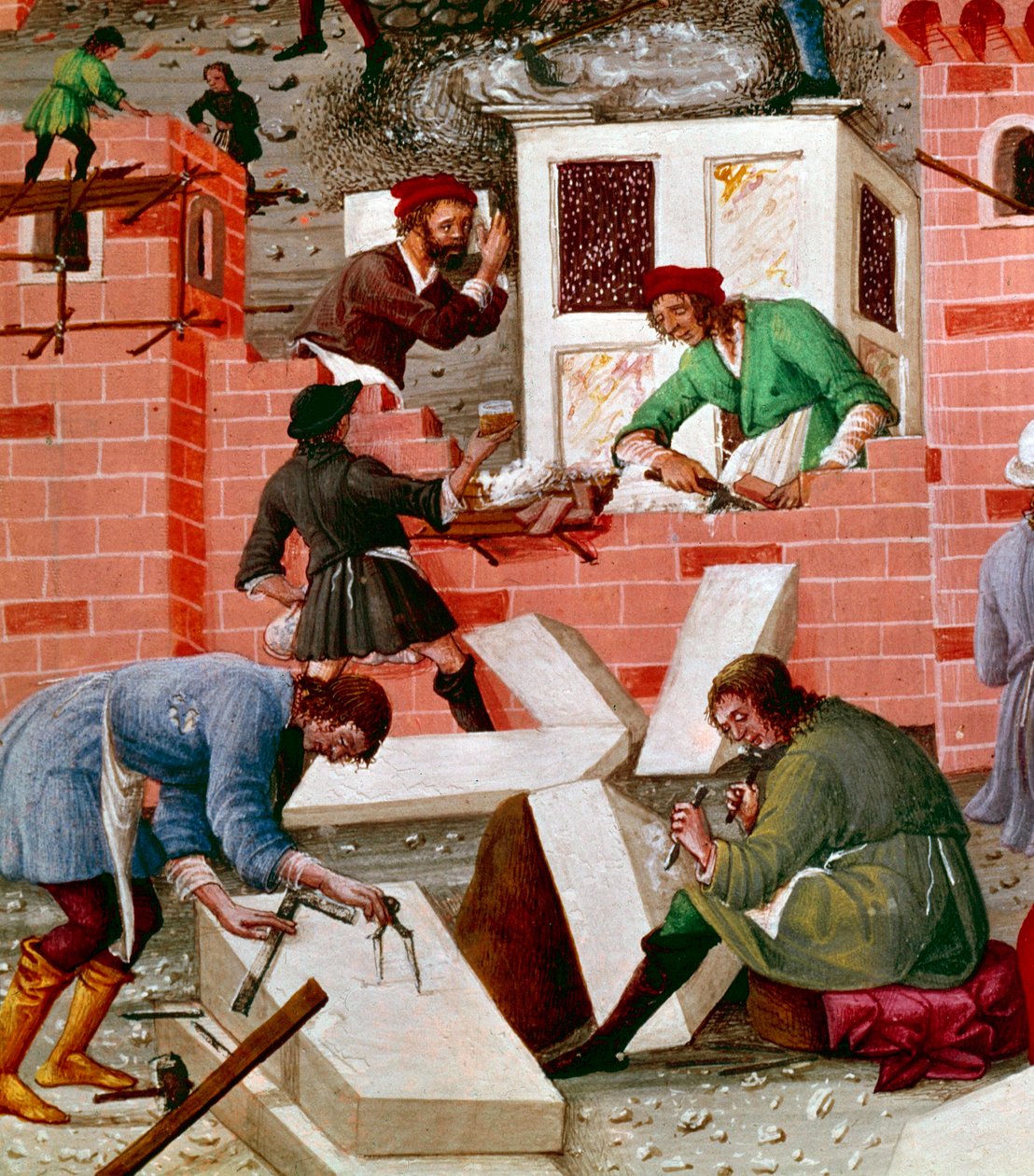 Bygning af byen Rom, detalje. Arbejderne er aktive i opgaven: Macons, stenhuggere, bærere, marmor (marmor) og cement (fremstilling af cement) på arbejde. Miniature i "" Romuleon. Rom””” skrevet af Benevenutus de Rambaldis (1338? -1390) og enlum af Master of the Innocent III missal