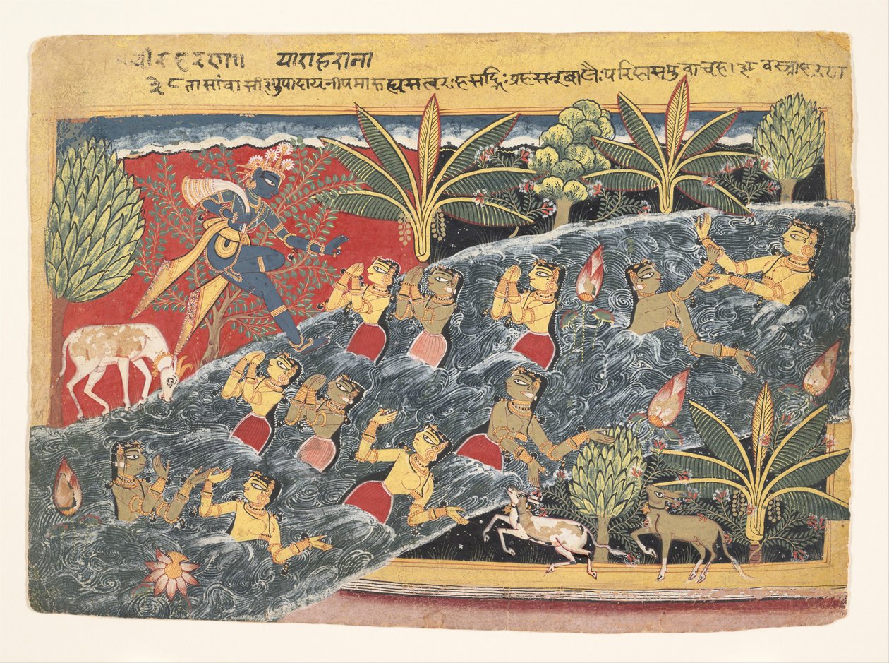 Gopierne bønfalder Krishna om at returnere deres tøj: Folio fra Isarda Bhagavata..., ca. 1560-65 af Master of the Isarda