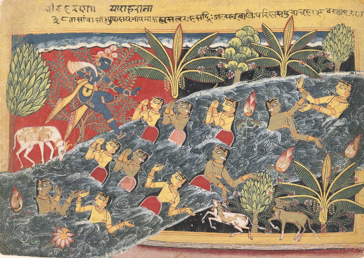 The Gopis bønfalder Krishna om at returnere deres tøj..., ca. 1560-65. af Master of the Isarda