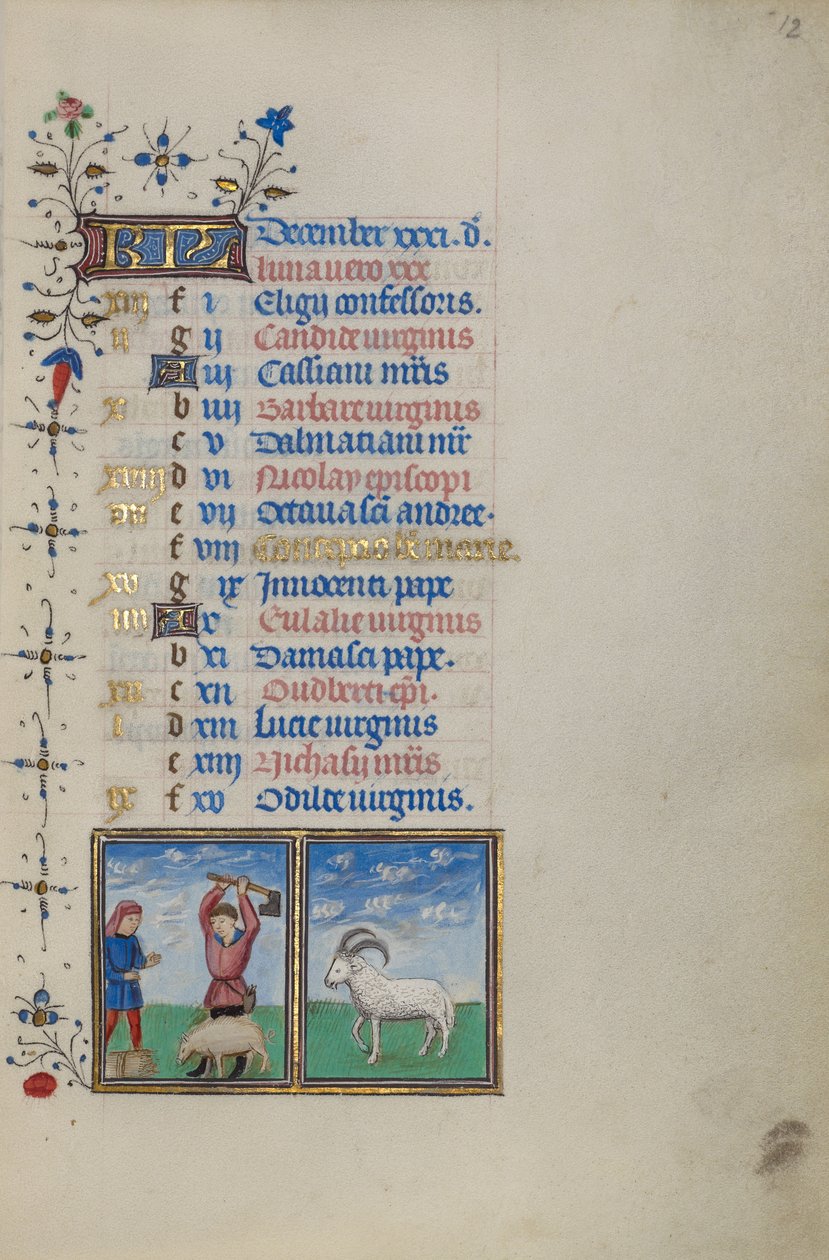 Kalenderside for december; Slagtning af en gris; Stenbukken af Master of the Lee Hours