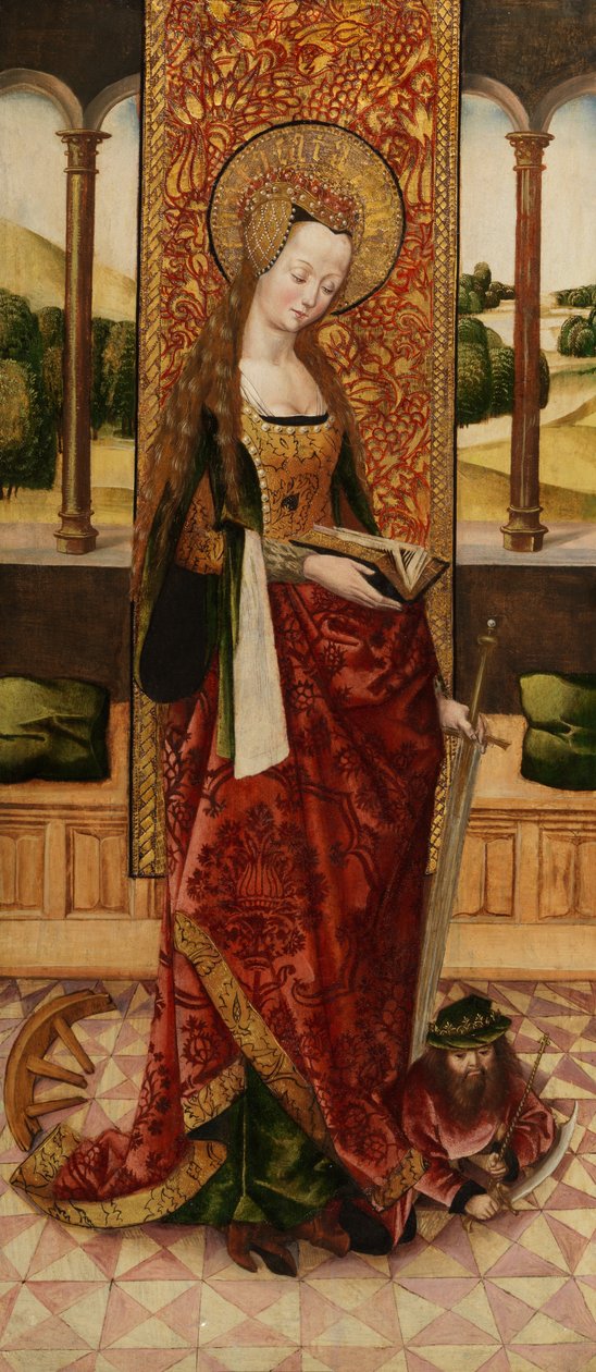 Triptykon af jomfru og barn med to engle, detalje af St. Catherine af Alexandria fra venstre panel, ca. 1500 (se også 225326, 225325) af Master of the Lee Triptych Master of the Lee Triptych