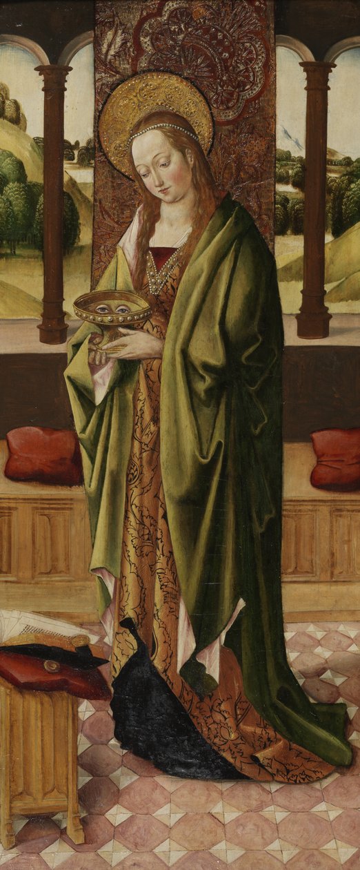 Triptykon af Jomfru og Barn med to engle, detalje af St. Lucy fra højre panel, ca. 1500 (se også 225326, 225327) af Master of the Lee Triptych Master of the Lee Triptych