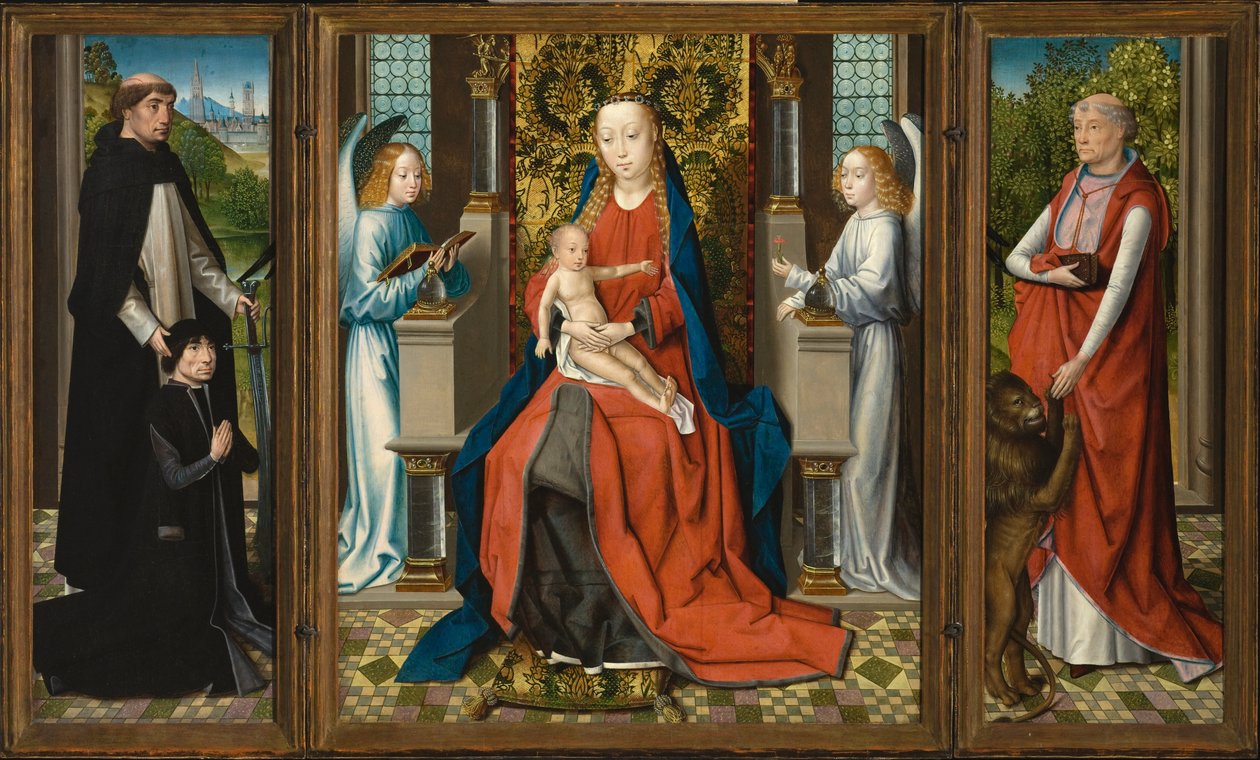 Triptykon af Madonna og barn med engle, donator og hans protektor Sankt Peter Martyr og Sankt Hieronymus af Master of the Legend of Saint Lucy