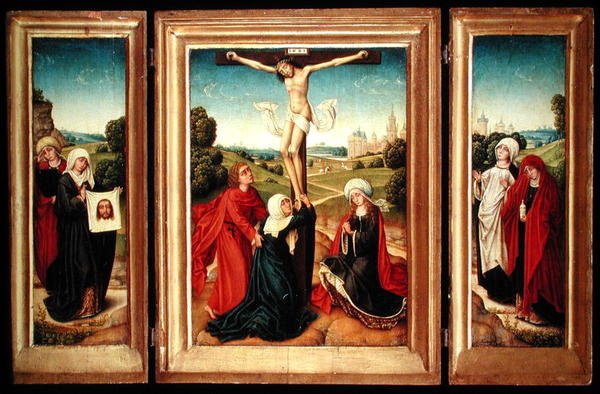 Triptykon med det centrale panel, der forestiller korsfæstelsen med Jomfruen, Johannes og Maria Magdalena; venstre fløj: St. Veronica og en kvindelig helgen; og højre fløj: The Two Marys (olie på panel) af Master of the Legend of St. Catherine