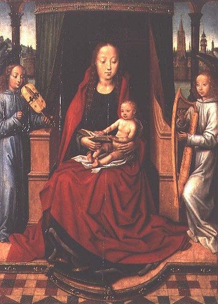 Madonna og barn med to musikalske engle af Master of The Legend of St. Lucy