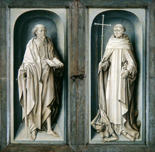 Sankt Paul og Sankt Benedikt, lukkede paneler af bebudelsens Triptykon, ca. 1483 (olie på panel) af Master of the Legend of St. Ursula