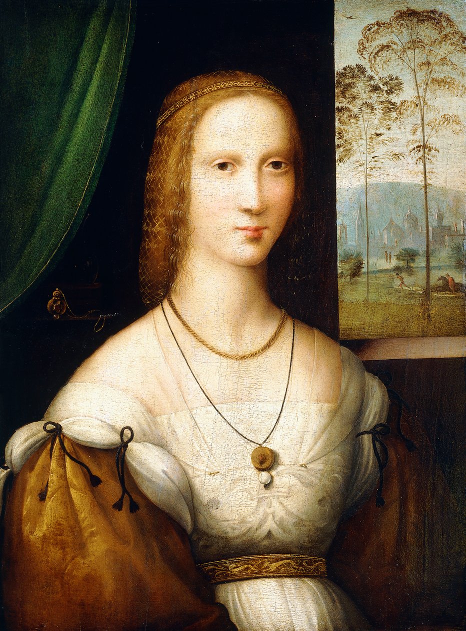 Portræt af en dame, halvlangt, iført hvid kjole med guldærmer af Master of the Leonardesque Female Portraits